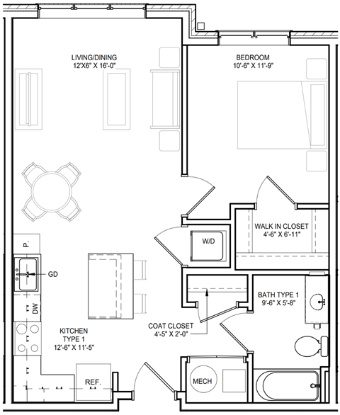 Floor plan for 1 bed, 1 bath, 686 sqft